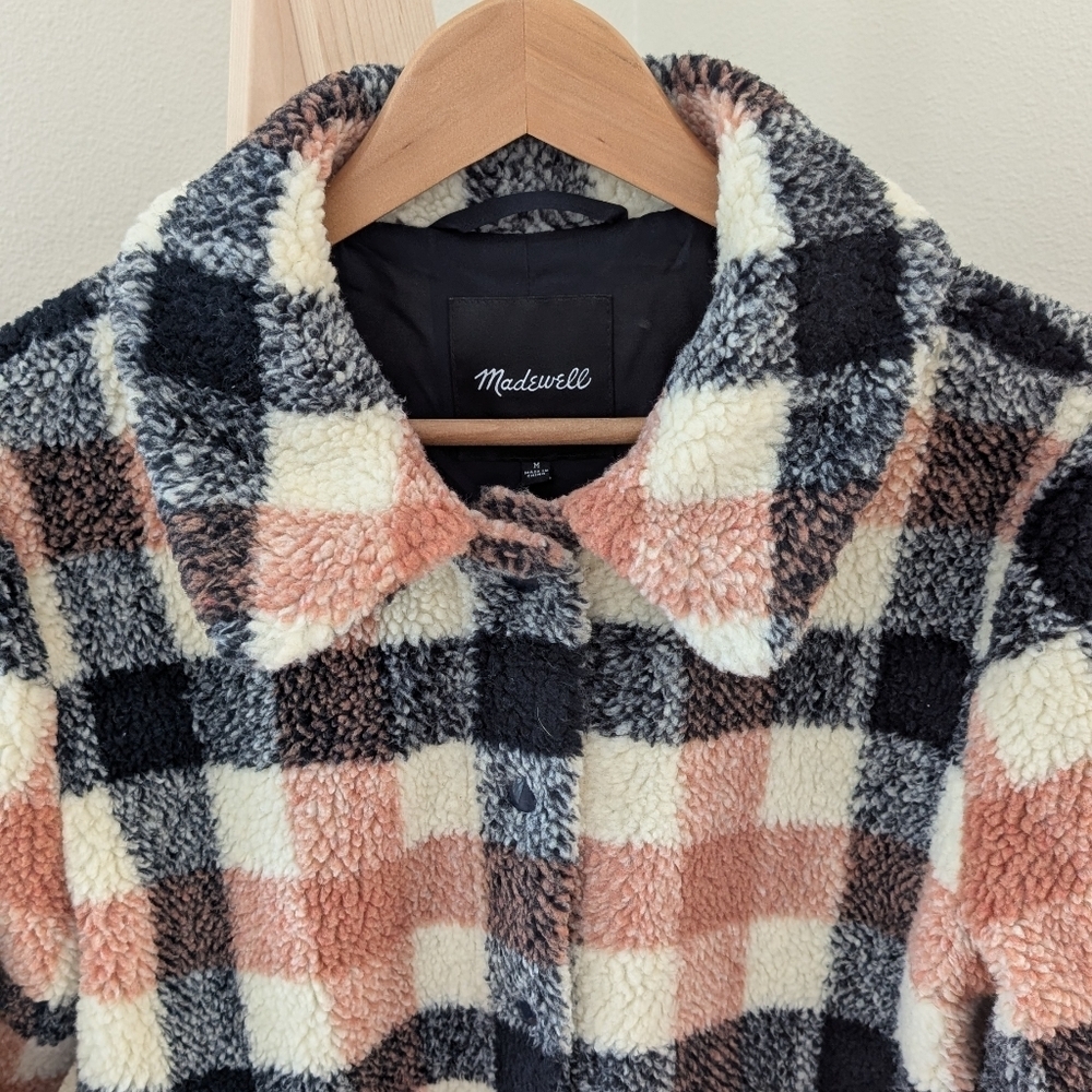 Madewell Hazlewood Faux Fur Plaid Sherpa Jacket In Black/Coral/Ivory - M - Picture 5 of 13